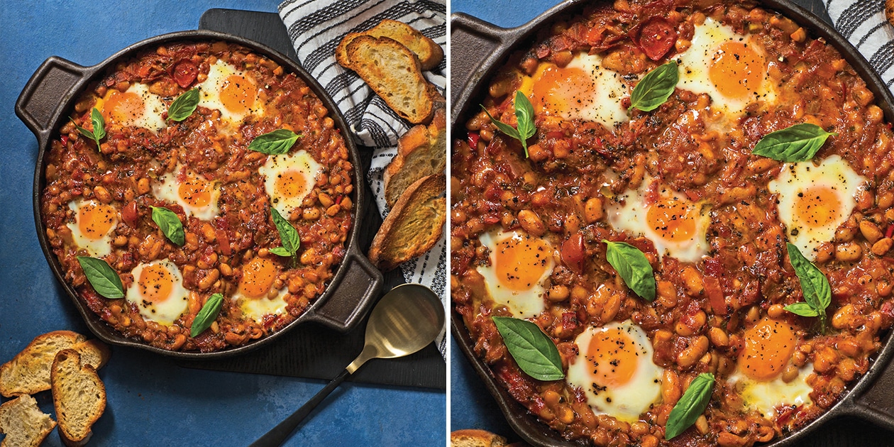 Spicy seshebo with roast butternut, poached egg and soft tacos