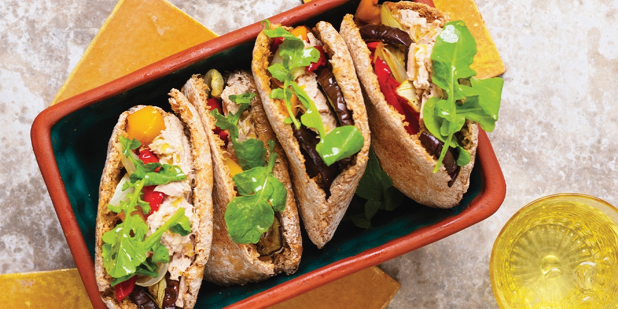 Roast veg and tuna-stuffed pita pockets