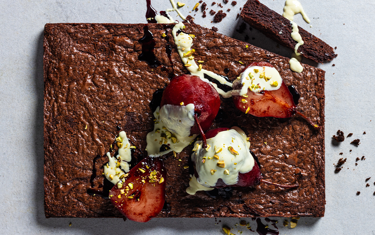 Double chocolate brownies with poached pears